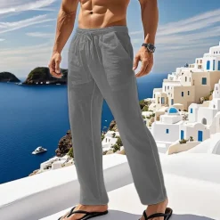 New OUKU Men's Linen Pants Trousers Summer Pants Beach Pants Pocket Drawstring Elastic Waist Plain Comfort Breathable Vacation Daily Holiday Hawaiian Boho ArmyGreen Black