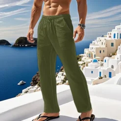 New OUKU Men's Linen Pants Trousers Summer Pants Beach Pants Pocket Drawstring Elastic Waist Plain Comfort Breathable Vacation Daily Holiday Hawaiian Boho ArmyGreen Black