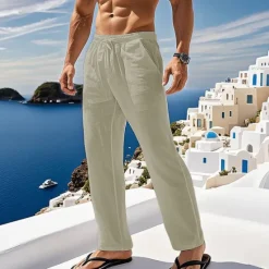 New OUKU Men's Linen Pants Trousers Summer Pants Beach Pants Pocket Drawstring Elastic Waist Plain Comfort Breathable Vacation Daily Holiday Hawaiian Boho ArmyGreen Black