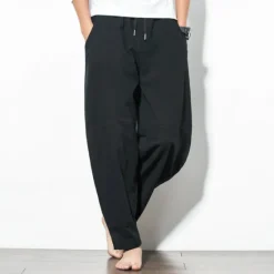 Online OUKU Men's Linen Pants Trousers Summer Pants Straight Pocket Elastic Waist Solid Color Comfort Breathable Ankle-Length Daily Holiday Fashion Streetwear Black Navy Blue Micro-elastic