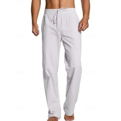 Hot OUKU Men's Linen Pants Trousers Summer Pants Beach Pants Pocket Drawstring Elastic Waist Plain Comfort Breathable Daily Holiday Vacation Hawaiian Boho Dark Brown ArmyGreen