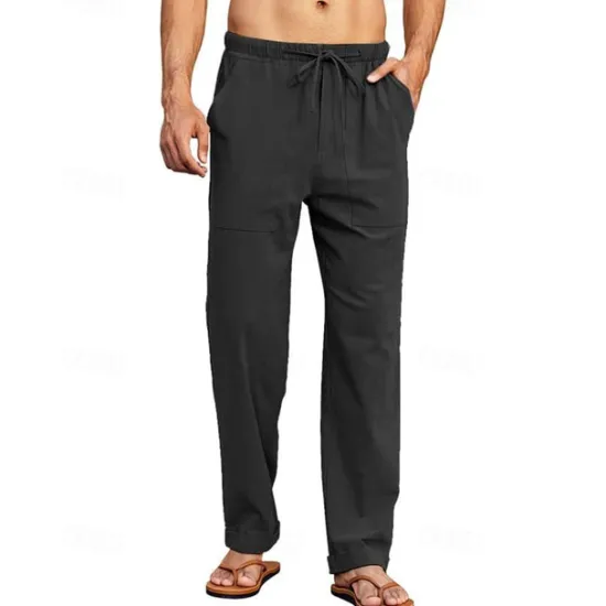 Hot OUKU Men's Linen Pants Trousers Summer Pants Beach Pants Pocket Drawstring Elastic Waist Plain Comfort Breathable Daily Holiday Vacation Hawaiian Boho Dark Brown ArmyGreen