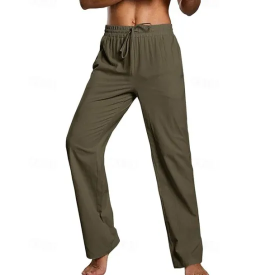 Hot OUKU Men's Linen Pants Trousers Summer Pants Beach Pants Pocket Drawstring Elastic Waist Plain Comfort Breathable Daily Holiday Vacation Hawaiian Boho Dark Brown ArmyGreen