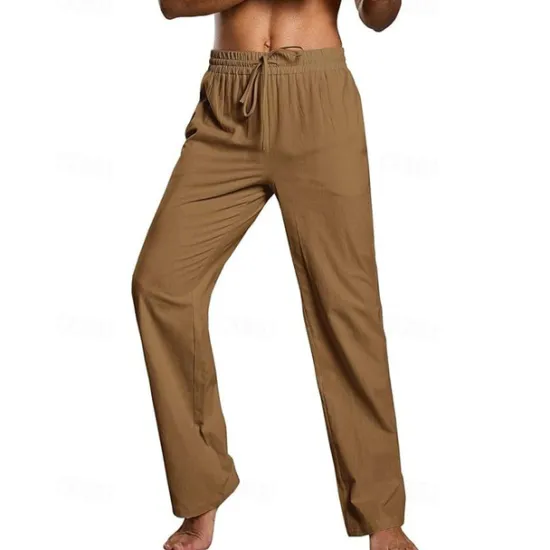 Hot OUKU Men's Linen Pants Trousers Summer Pants Beach Pants Pocket Drawstring Elastic Waist Plain Comfort Breathable Daily Holiday Vacation Hawaiian Boho Dark Brown ArmyGreen