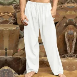 New OUKU Men's Linen Pants Trousers Summer Pants Beach Pants Drawstring Elastic Waist Straight Leg Plain Comfort Breathable Vacation Daily Holiday Hawaiian Boho Black White