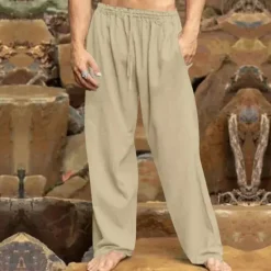 New OUKU Men's Linen Pants Trousers Summer Pants Beach Pants Drawstring Elastic Waist Straight Leg Plain Comfort Breathable Vacation Daily Holiday Hawaiian Boho Black White