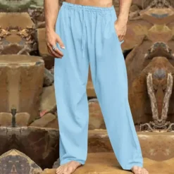 New OUKU Men's Linen Pants Trousers Summer Pants Beach Pants Drawstring Elastic Waist Straight Leg Plain Comfort Breathable Vacation Daily Holiday Hawaiian Boho Black White