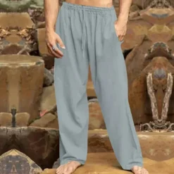 New OUKU Men's Linen Pants Trousers Summer Pants Beach Pants Drawstring Elastic Waist Straight Leg Plain Comfort Breathable Vacation Daily Holiday Hawaiian Boho Black White