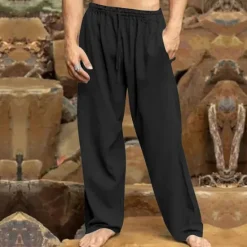New OUKU Men's Linen Pants Trousers Summer Pants Beach Pants Drawstring Elastic Waist Straight Leg Plain Comfort Breathable Vacation Daily Holiday Hawaiian Boho Black White