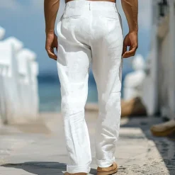 Hot OUKU Men's Linen Pants Trousers Summer Pants Front Pocket Straight Leg Plain Comfort Breathable Casual Daily Holiday Fashion Basic White Beige