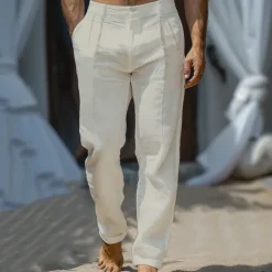 Hot OUKU Men's Linen Pants Trousers Summer Pants Front Pocket Straight Leg Plain Comfort Breathable Casual Daily Holiday Fashion Basic White Beige