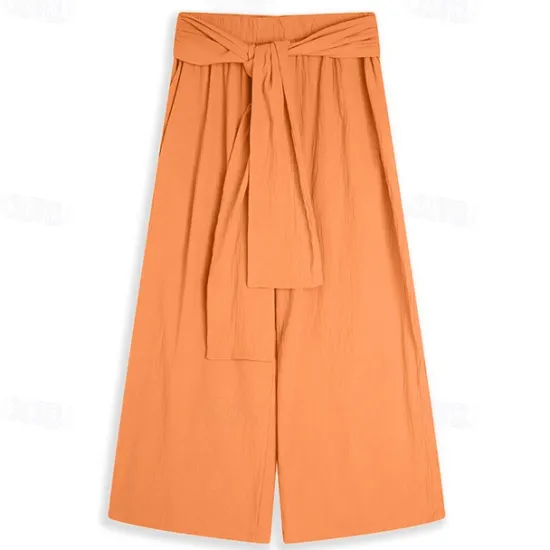 Sale OUKU Men's Linen Pants Trousers Summer Pants Drawstring Elastic Waist Wide Leg Plain Comfort Breathable Full Length Casual Daily Holiday Fashion Classic Style Pumpkin White Micro-elastic