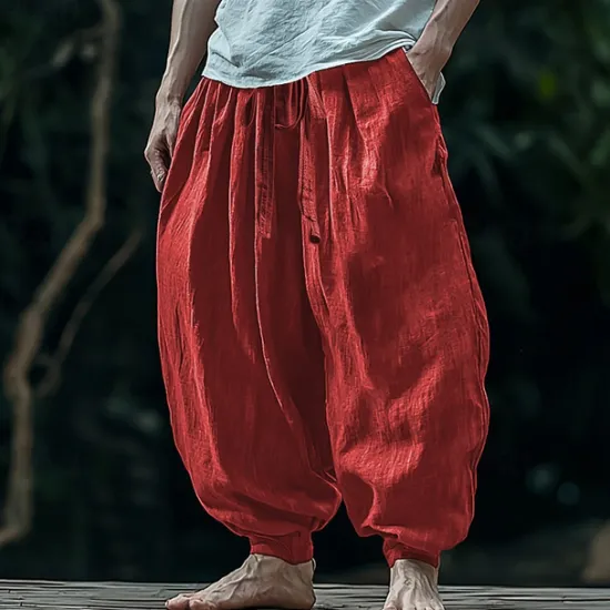 Best OUKU Men's Linen Pants Trousers Summer Pants Beach Pants Pocket Drawstring Elastic Waist Plain Comfort Breathable Vacation Daily Holiday Hawaiian Boho Wine