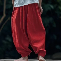 Best OUKU Men's Linen Pants Trousers Summer Pants Beach Pants Pocket Drawstring Elastic Waist Plain Comfort Breathable Vacation Daily Holiday Hawaiian Boho Wine