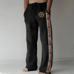 OUKU Men's Linen Pants Trousers Summer Pants Beach Pants Drawstring Elastic Waist 3D Print Geometric Pattern Graphic Prints Comfort Casual Daily Holiday Vintage Ethnic Style Black Navy Blue