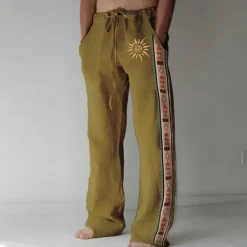 OUKU Men's Linen Pants Trousers Summer Pants Beach Pants Drawstring Elastic Waist 3D Print Geometric Pattern Graphic Prints Comfort Casual Daily Holiday Vintage Ethnic Style Black Navy Blue