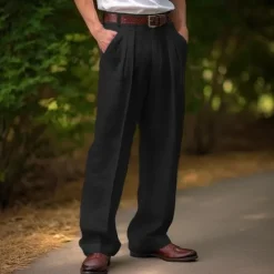 Discount OUKU Men's Linen Pants Trousers Summer Pants Front Pocket Pleats Straight Leg Plain Comfort Breathable Casual Daily Holiday Fashion Basic Black White