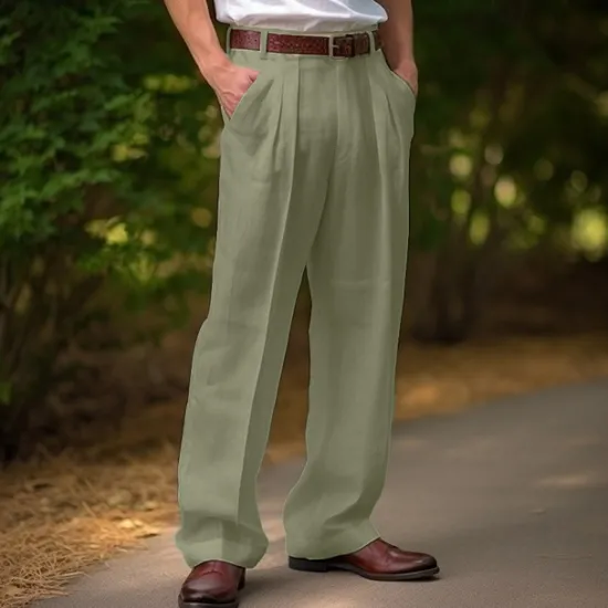 Discount OUKU Men's Linen Pants Trousers Summer Pants Front Pocket Pleats Straight Leg Plain Comfort Breathable Casual Daily Holiday Fashion Basic Black White
