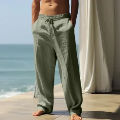 Outlet OUKU Men's Linen Pants Trousers Summer Pants Baggy Pants Beach Pants Drawstring Elastic Waist Straight Leg Plain Comfort Breathable Full Length Casual Daily Holiday Vacation Basic Black White