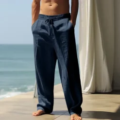 Outlet OUKU Men's Linen Pants Trousers Summer Pants Baggy Pants Beach Pants Drawstring Elastic Waist Straight Leg Plain Comfort Breathable Full Length Casual Daily Holiday Vacation Basic Black White