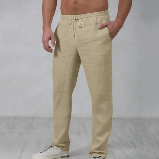 Outlet OUKU Men's Linen Pants Trousers Summer Pants Beach Pants Drawstring Elastic Waist Straight Leg Plain Comfort Outdoor Casual Daily Streetwear Stylish White Navy Blue