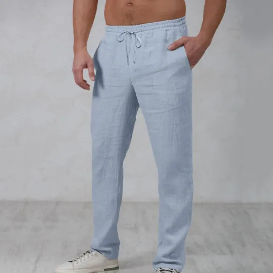 Outlet OUKU Men's Linen Pants Trousers Summer Pants Beach Pants Drawstring Elastic Waist Straight Leg Plain Comfort Outdoor Casual Daily Streetwear Stylish White Navy Blue