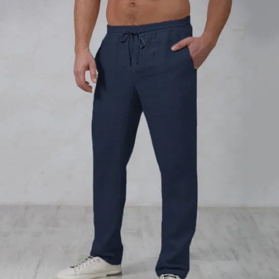Outlet OUKU Men's Linen Pants Trousers Summer Pants Beach Pants Drawstring Elastic Waist Straight Leg Plain Comfort Outdoor Casual Daily Streetwear Stylish White Navy Blue