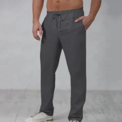 Outlet OUKU Men's Linen Pants Trousers Summer Pants Beach Pants Drawstring Elastic Waist Straight Leg Plain Comfort Outdoor Casual Daily Streetwear Stylish White Navy Blue
