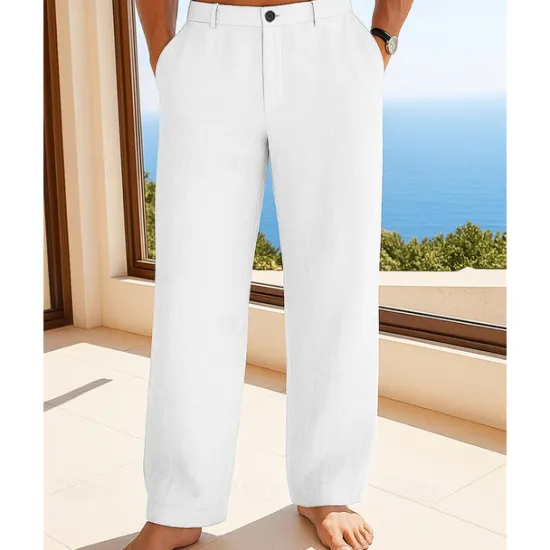Best OUKU Men's Linen Pants Trousers Summer Pants Beach Pants Buttons Pocket Plain Comfort Breathable Vacation Daily Holiday Hawaiian Boho Black White