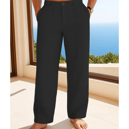 Best OUKU Men's Linen Pants Trousers Summer Pants Beach Pants Buttons Pocket Plain Comfort Breathable Vacation Daily Holiday Hawaiian Boho Black White