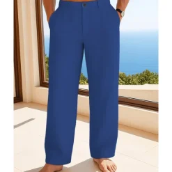 Best OUKU Men's Linen Pants Trousers Summer Pants Beach Pants Buttons Pocket Plain Comfort Breathable Vacation Daily Holiday Hawaiian Boho Black White