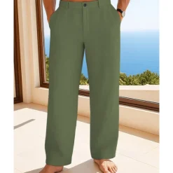 Best OUKU Men's Linen Pants Trousers Summer Pants Beach Pants Buttons Pocket Plain Comfort Breathable Vacation Daily Holiday Hawaiian Boho Black White