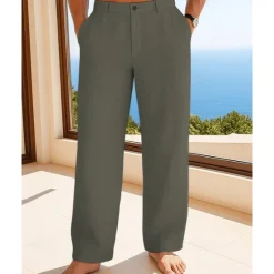 Best OUKU Men's Linen Pants Trousers Summer Pants Beach Pants Buttons Pocket Plain Comfort Breathable Vacation Daily Holiday Hawaiian Boho Black White