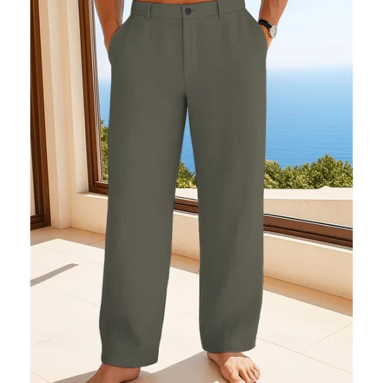 Best OUKU Men's Linen Pants Trousers Summer Pants Beach Pants Buttons Pocket Plain Comfort Breathable Vacation Daily Holiday Hawaiian Boho Black White