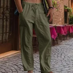 Online OUKU Men's Linen Pants Trousers Summer Pants Gauze Pants Drawstring Pocket Straight Leg Plain Comfort Breathable Full Length Outdoor Daily Streetwear Fashion Retro Vintage Black White