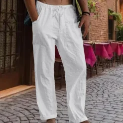 Online OUKU Men's Linen Pants Trousers Summer Pants Gauze Pants Drawstring Pocket Straight Leg Plain Comfort Breathable Full Length Outdoor Daily Streetwear Fashion Retro Vintage Black White