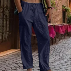 Online OUKU Men's Linen Pants Trousers Summer Pants Gauze Pants Drawstring Pocket Straight Leg Plain Comfort Breathable Full Length Outdoor Daily Streetwear Fashion Retro Vintage Black White