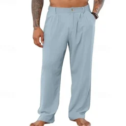 Clearance OUKU Men's Linen Pants Trousers Summer Pants Pleated Pants Buttons Straight Leg Plain Comfort Breathable Full Length Office Casual Daily Fashion Classic Style Black White