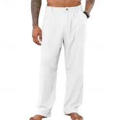 Clearance OUKU Men's Linen Pants Trousers Summer Pants Pleated Pants Buttons Straight Leg Plain Comfort Breathable Full Length Office Casual Daily Fashion Classic Style Black White