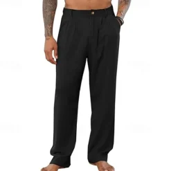 Clearance OUKU Men's Linen Pants Trousers Summer Pants Pleated Pants Buttons Straight Leg Plain Comfort Breathable Full Length Office Casual Daily Fashion Classic Style Black White