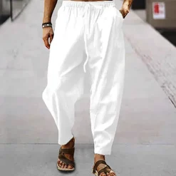 Online OUKU Men's Linen Pants Trousers Summer Pants Harem Pants Pocket Drawstring Elastic Waist Plain Comfort Breathable Full Length Outdoor Daily Holiday Fashion Classic Style Black White