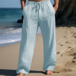 Hot OUKU Men's Linen Pants Trousers Summer Pants Drawstring Elastic Waist Straight Leg Stripe Comfort Breathable Outdoor Daily Going out Fashion Casual Sky Blue Khaki