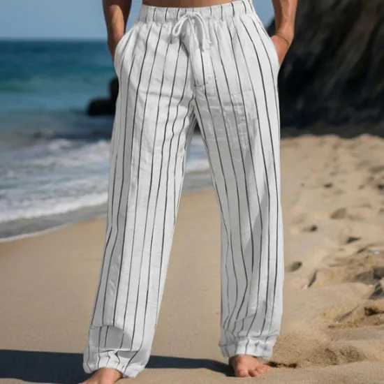 Hot OUKU Men's Linen Pants Trousers Summer Pants Drawstring Elastic Waist Straight Leg Stripe Comfort Breathable Outdoor Daily Going out Fashion Casual Sky Blue Khaki
