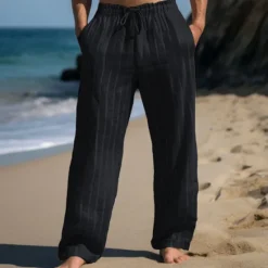 Hot OUKU Men's Linen Pants Trousers Summer Pants Drawstring Elastic Waist Straight Leg Stripe Comfort Breathable Outdoor Daily Going out Fashion Casual Sky Blue Khaki