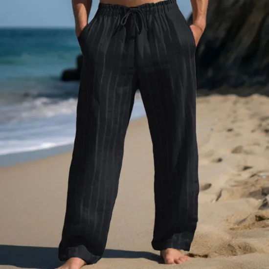 Hot OUKU Men's Linen Pants Trousers Summer Pants Drawstring Elastic Waist Straight Leg Stripe Comfort Breathable Outdoor Daily Going out Fashion Casual Sky Blue Khaki