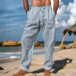 OUKU Men's Linen Pants Trousers Summer Pants Beach Pants Drawstring Elastic Waist Plain Comfort Breathable Full Length Daily Beach Fashion Simple Black White