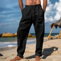 OUKU Men's Linen Pants Trousers Summer Pants Beach Pants Drawstring Elastic Waist Plain Comfort Breathable Full Length Daily Beach Fashion Simple Black White