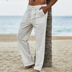 Best OUKU Men's Linen Pants Trousers Summer Pants Beach Pants Drawstring Elastic Waist Plain Breathable Soft Casual Daily Holiday Fashion Streetwear Black Khaki Micro-elastic