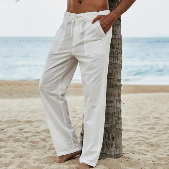 Best OUKU Men's Linen Pants Trousers Summer Pants Beach Pants Drawstring Elastic Waist Plain Breathable Soft Casual Daily Holiday Fashion Streetwear Black Khaki Micro-elastic