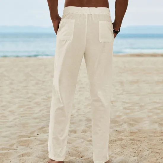 Best OUKU Men's Linen Pants Trousers Summer Pants Beach Pants Drawstring Elastic Waist Plain Breathable Soft Casual Daily Holiday Fashion Streetwear Black Khaki Micro-elastic